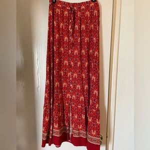 Red Boho Button Down Skirt - bohemian wood buttons maxi flowy orange paisley